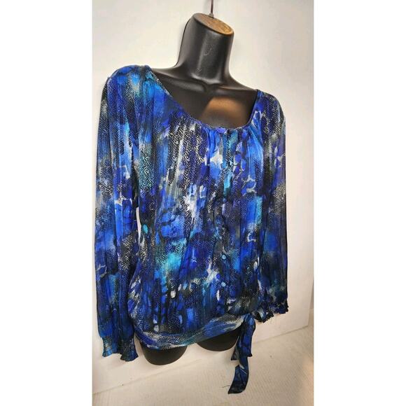 Women's Roz and Ali 18-20 Long Sleeve Tie Waist Scoop Neck Ruffled Flowing Blue - Picture 9 of 16